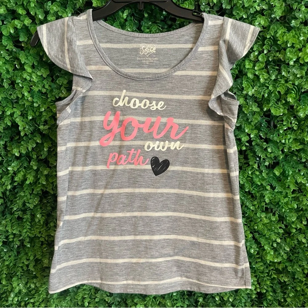Justice Girls Size 14 Grey Striped Shirt Ruffle Sleeve 